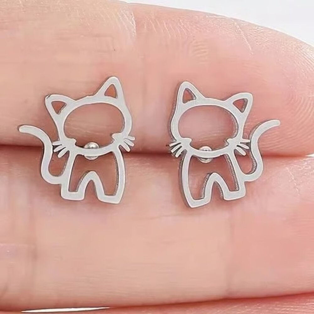 Silver Stainless Steel KITTY CAT Stud Earrings